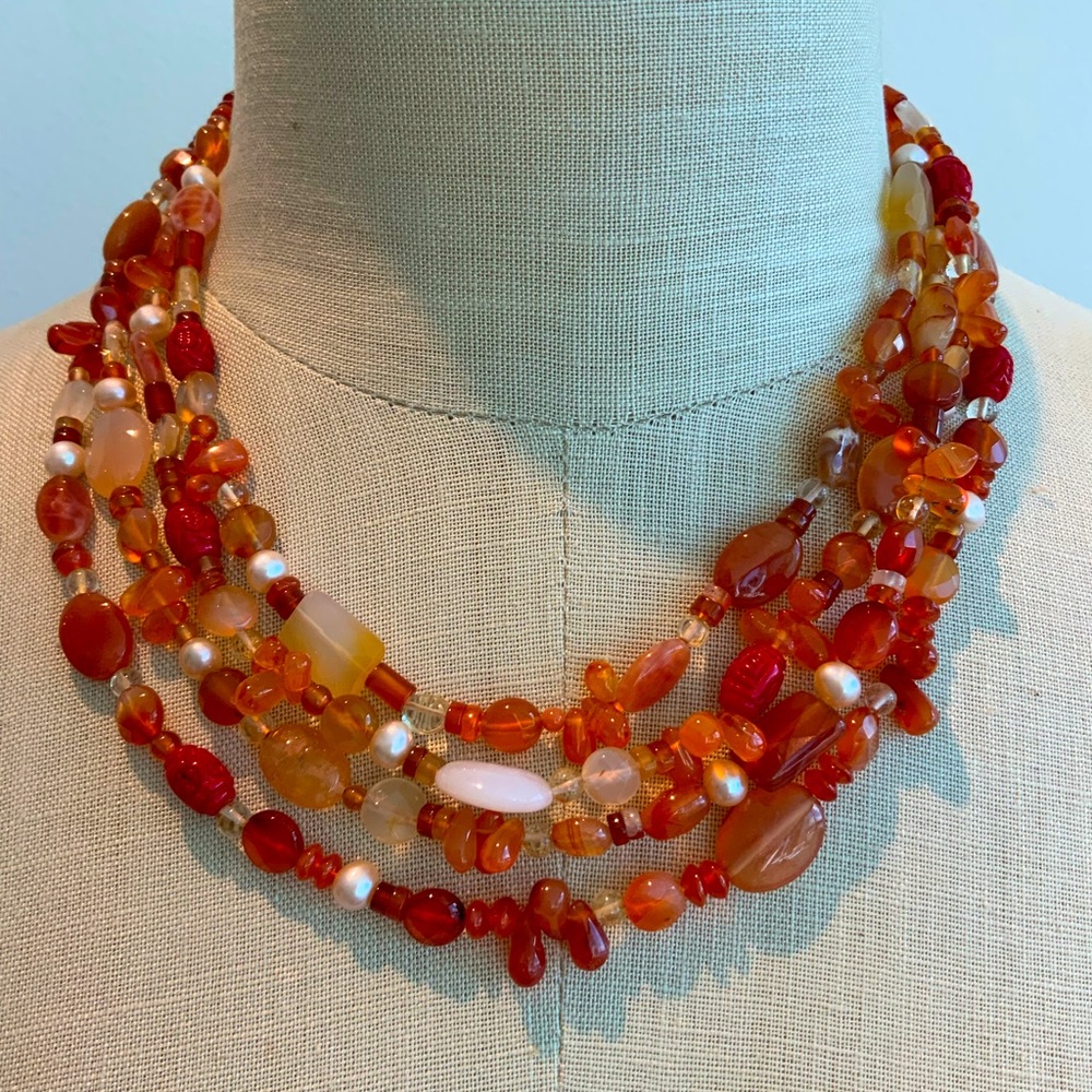 Multi-strand Joyous Carnelian and Pearl Necklace